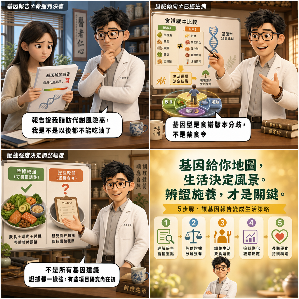 基因檢測報告如何轉化為個人化飲食?營養師解析5大解讀關鍵 4 格漫畫