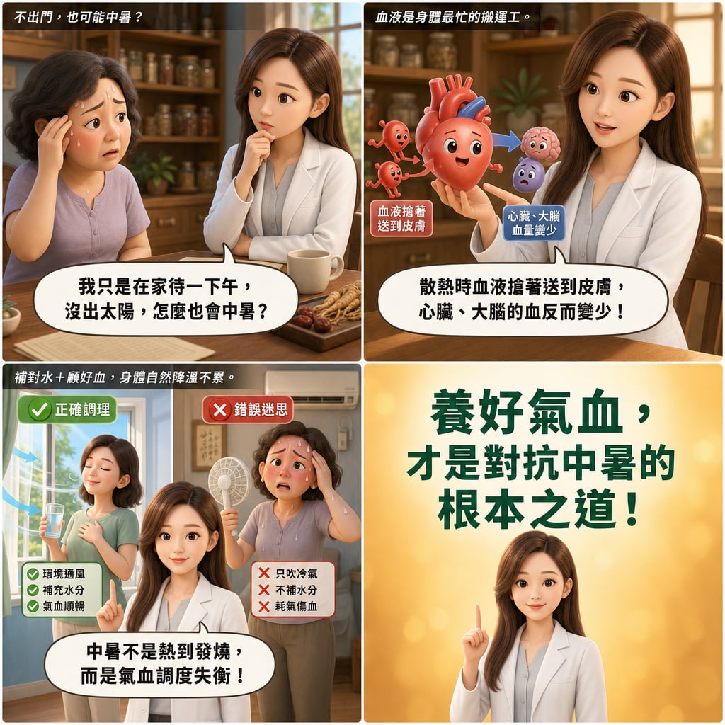 高溫失衡警訊受關注：三高與慢性病族群中暑風險不只來自天氣 4 格漫畫