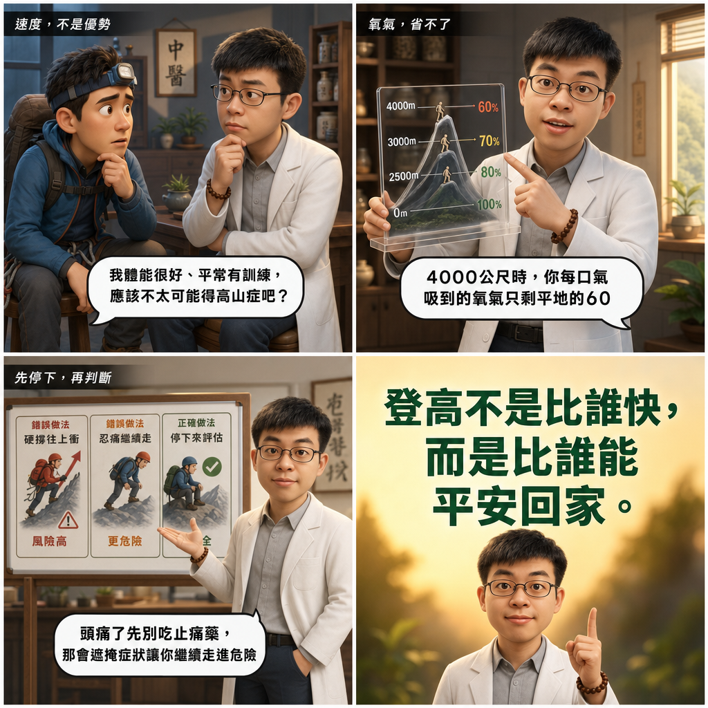 登山季前必讀:高山症自我監測與預防指引——運動醫學科觀點 4 格漫畫