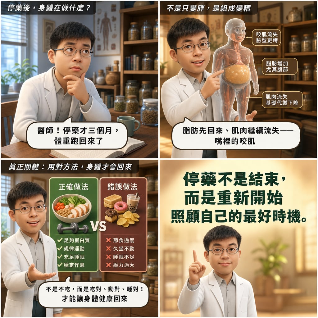 GLP-1 受體促效劑停藥後復胖率達三分之二：肌肉流失與咀嚼功能退化的連鎖效應 4 格漫畫
