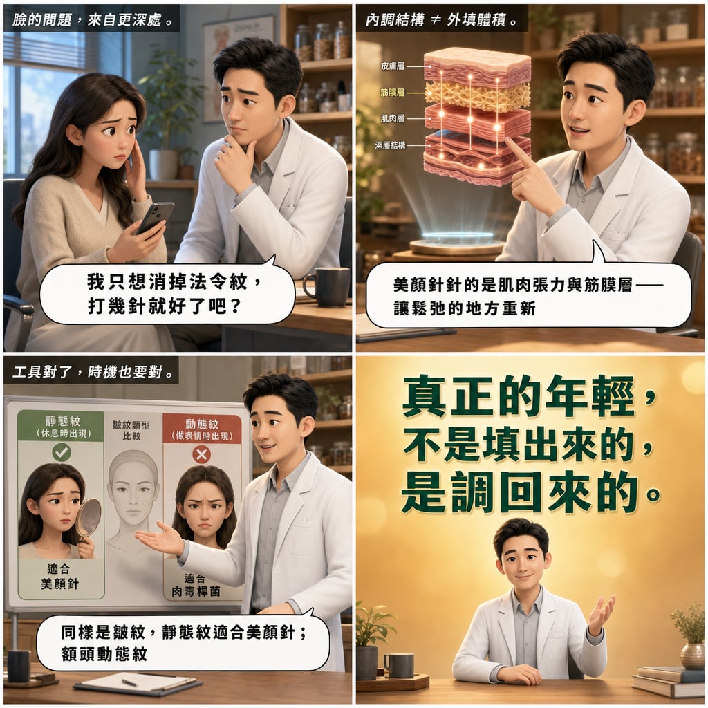 美顏針研究新進展：針灸介入如何從筋膜層重塑臉部結構 4 格漫畫