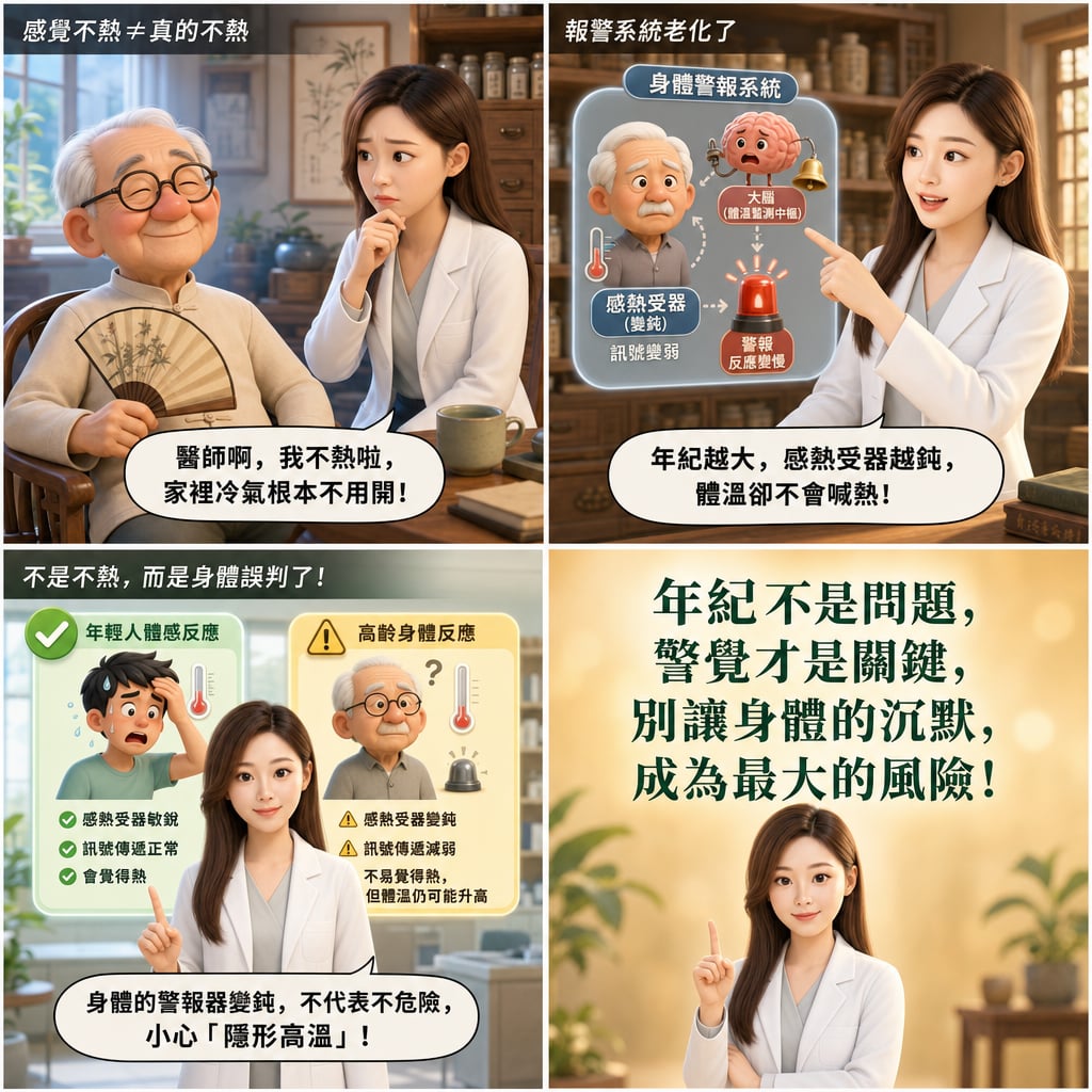 高齡者熱感知退化研究:長輩說「不熱」,核心體溫可能已悄悄攀升 4 格漫畫