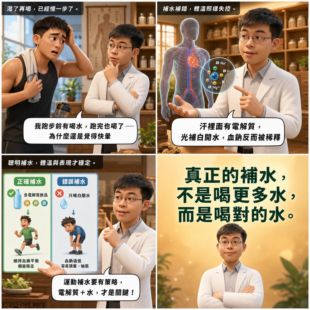 急診熱傷害通報攀升，醫師揭戶外運動中暑5大警訊與補水關鍵時機 4 格漫畫